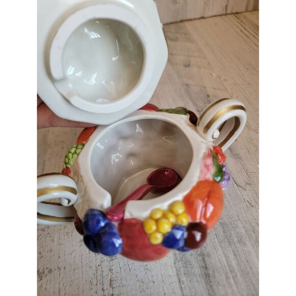 Fitz‎ Floyd sugar bowl spoon fruit ceramic vintage xmas - Picture 5 of 6